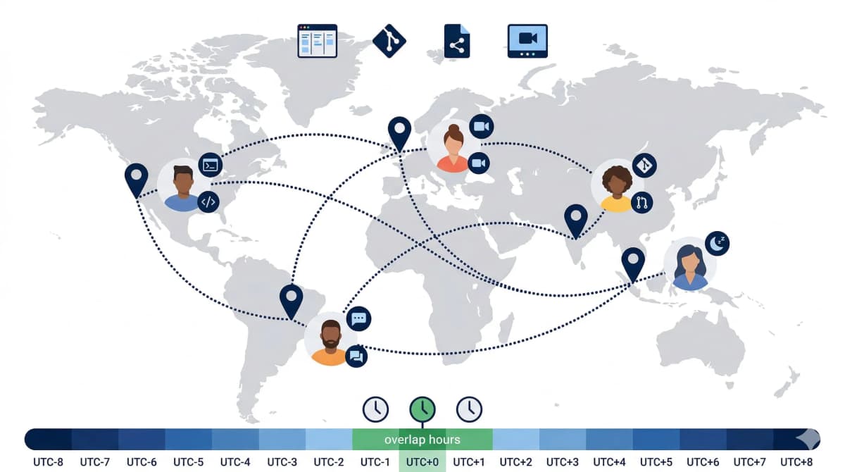 Remote software development team workflow showing distributed collaboration across timezones