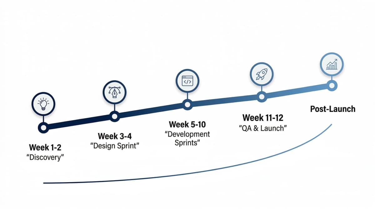 MVP development timeline showing 12-week process from discovery to launch