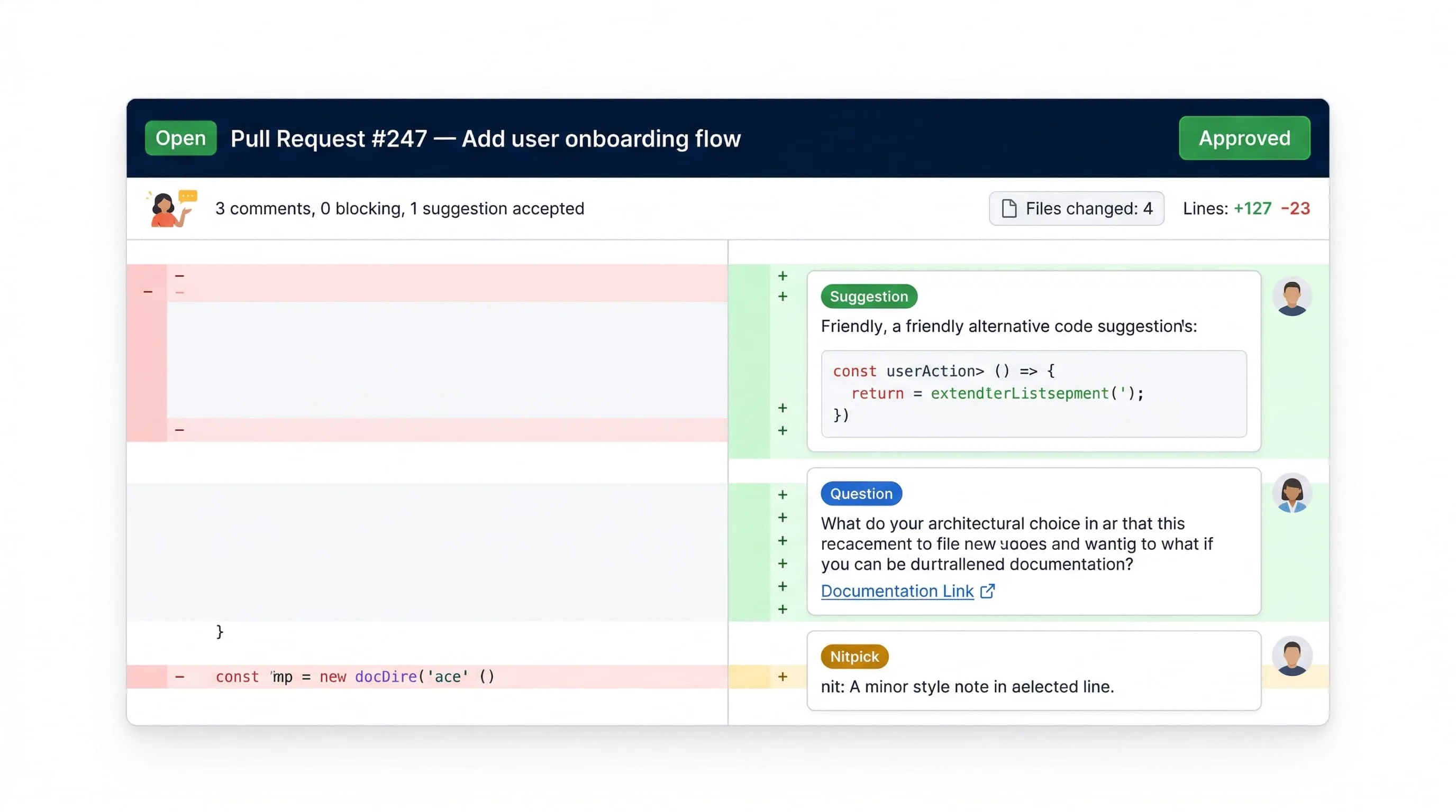 Code review interface showing constructive PR review comments with clear categorization