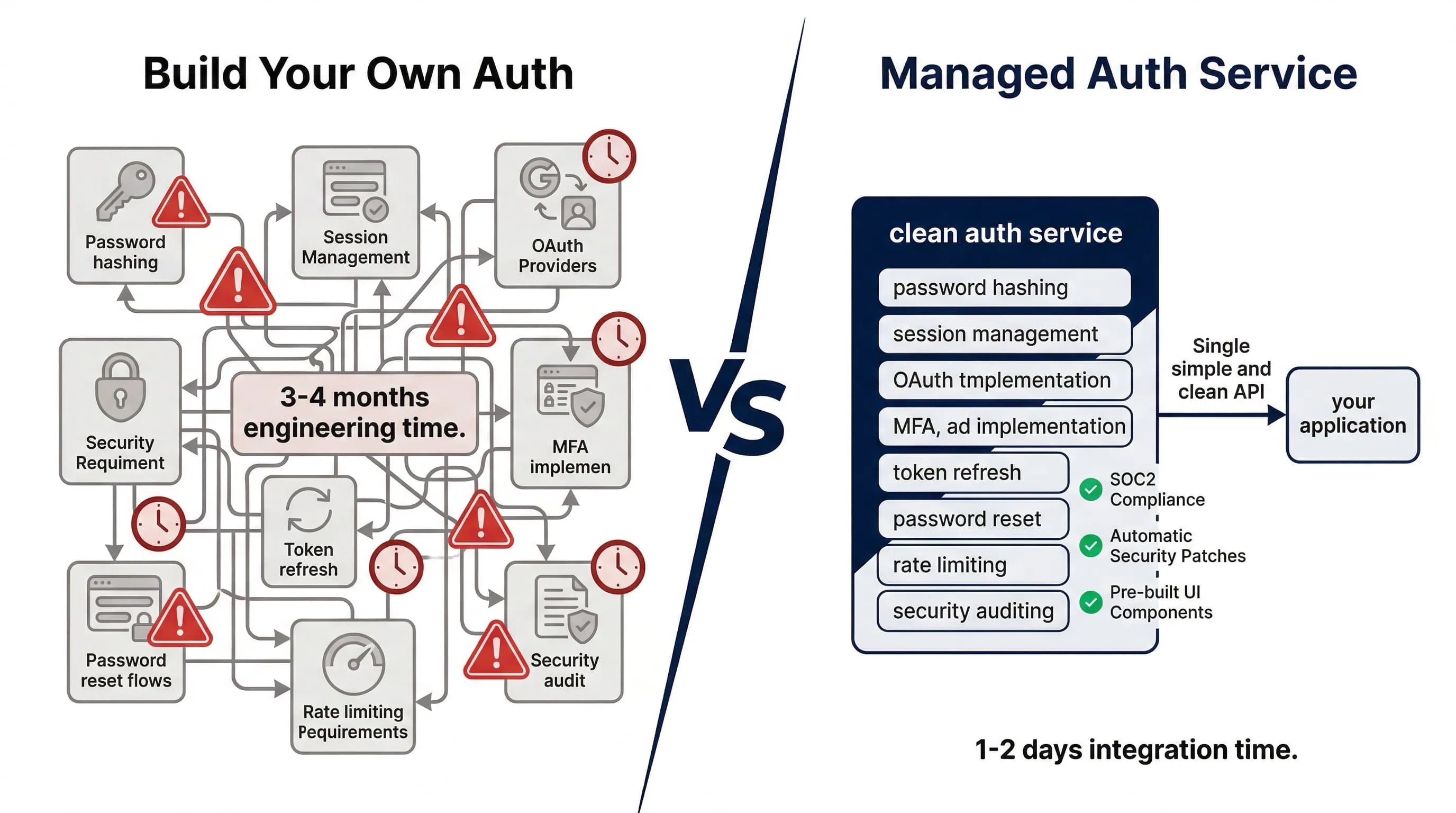 Authentication service comparison showing buy vs build cost analysis over 3 years